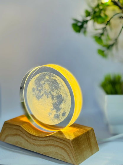 3D Moon LED Night Lamp with Wooden Base | Laser Engraved Full Moon Acrylic Light for Bedroom, Home Decor, Desk & Gifting | Lunar Glow Ambient Lamp with USB Power | Celestial Mood Light